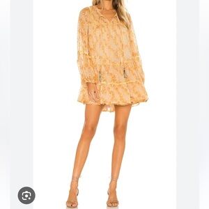 Free People Orange pop combo sheer floral tired balloon sleeve mini dress